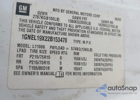 2002 Chevrolet Astro Ls from USA, damaged, VIN 1GNEL19X22B153478